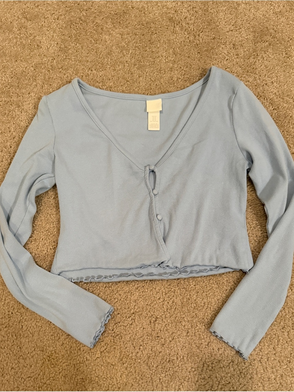 H&M Light Blue Ribbed V-Neck Long Sleeve Crop Top